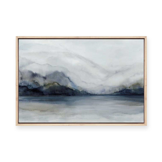 Misty Mountains Over Calm Water | Framed Canvas